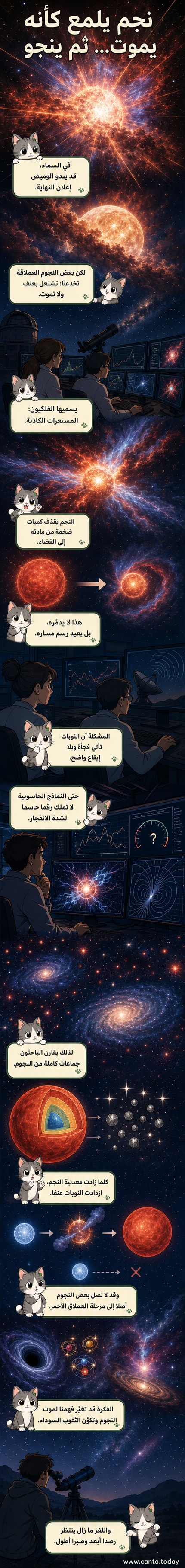 رسم توضيحي لنجوم عملاقة تطلق انفجارات هائلة من مادتها دون أن تنفجر نهائياً، مع خلفية فضائية تُظهر مجرات قريبة.