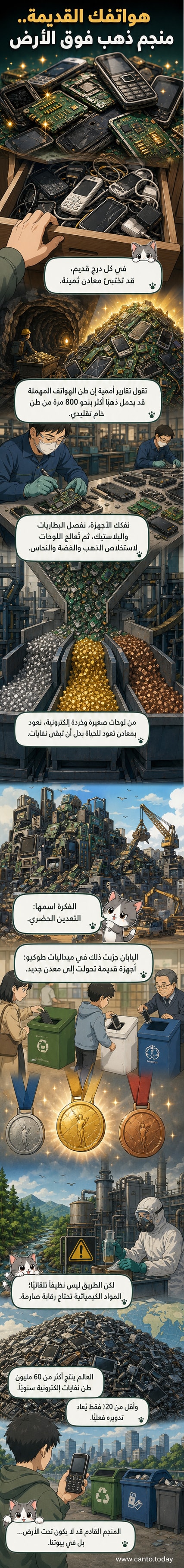 رسم توضيحي لهاتف قديم مفتوح يُظهر لوحات دوائر داخلية مرصعة بجزيئات ذهبية، مع خلفية تُظهر منجمًا تقليديًا في المقارنة.