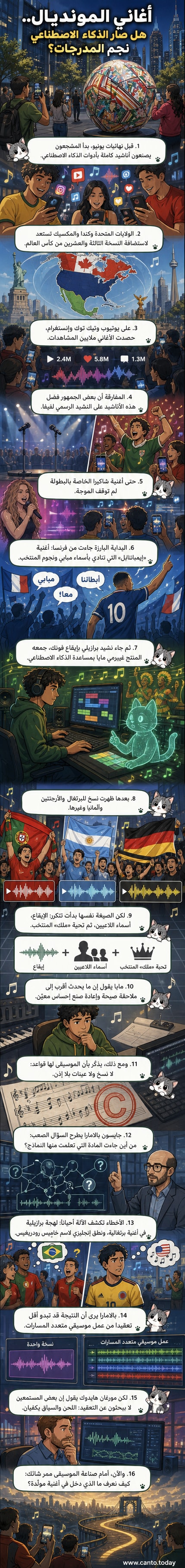 صورة لمشجعين أمام شاشة تعرض أغنية كأس عالم مولدة بالذكاء الاصطناعي، مع ظهور أسماء لاعبين مثل مبابي ورونالدو على الشاشة.