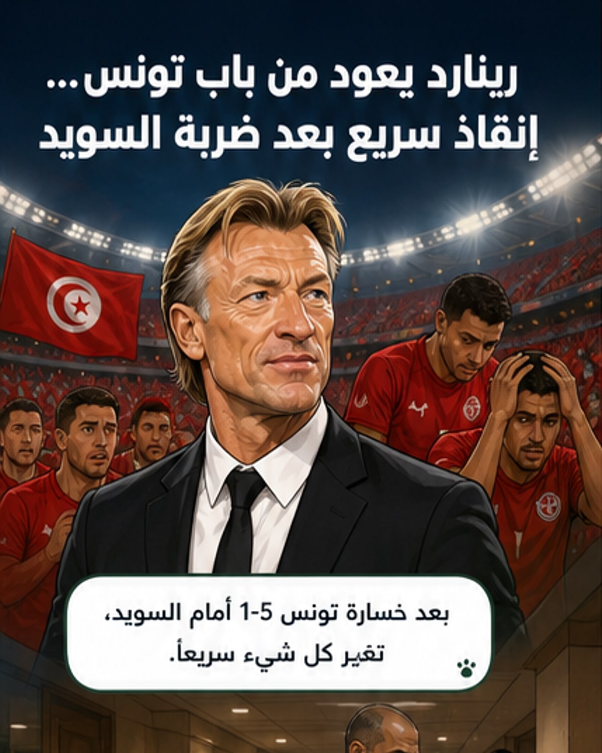 صورة تعبيرية لرينارد يرتدي قميص تونس، مع خلفية ملعب كرة قدم وشعار كأس العالم 2026