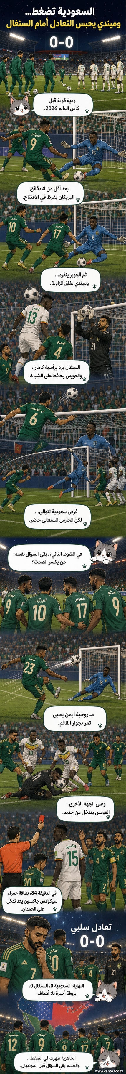 ملعب تويوتا بأمريكا يشهد مباراة ودية بين السعودية والسنغال، مع لاعبين في صراع على الكرة تحت الأضواء، وحارس المرمى ميندي في مركزه