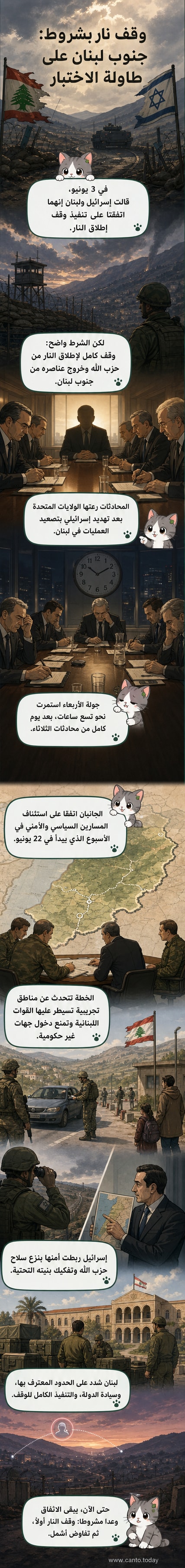 رسم توضيحي يظهر خريطة لبنان وإسرائيل مع خط وقف إطلاق النار المؤقت، وقوات الجيش اللبناني تنتشر في الجنوب بينما تُزال عناصر حزب الله، في ظل وساطة أمريكية.