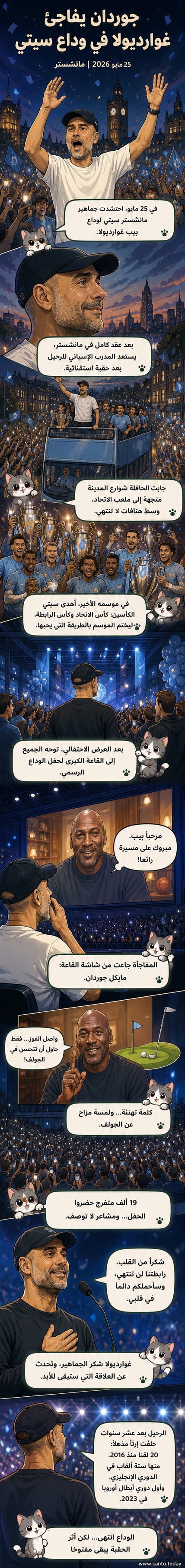 مايكل جوردان يظهر على شاشة خلال حفل وداع غوارديولا، بينما يبتسم المدرب الإسباني وسط جماهير مانشستر سيتي
