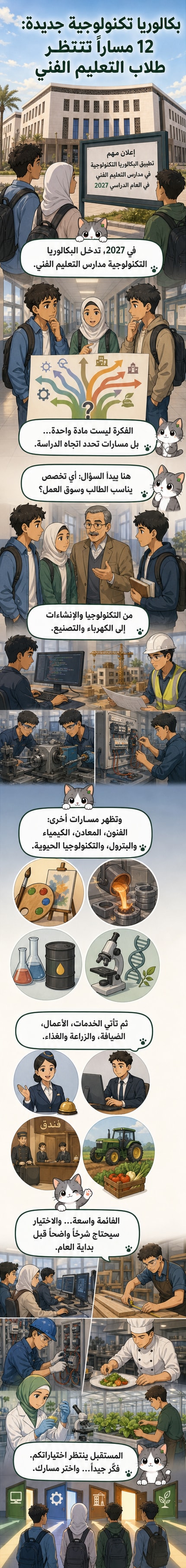 رسم توضيحي يظهر طلابًا مِصريين يرتدون زي التعليم الفني، وحولهم رموز تمثل التكنولوجيا، الزراعة، والهندسة، مع شعار 'البكالوريا التكنولوجية 2027'.