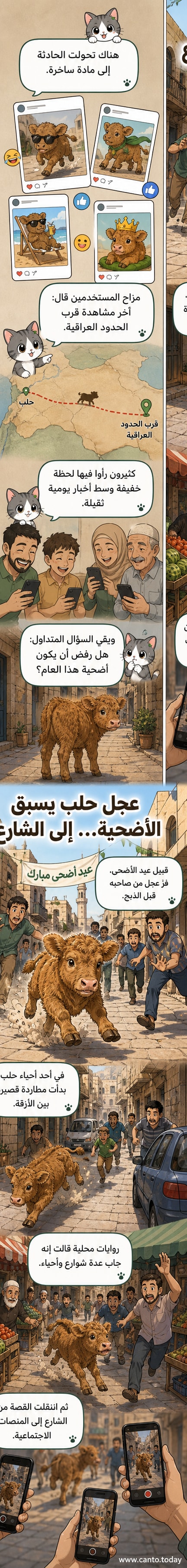 رسم كرتوني لعجل يجري في شارع ضيق في حلب، بينما يحاول بعض السكان الإمساك به، مع خلفية منازل قديمة ولافتات متجر.