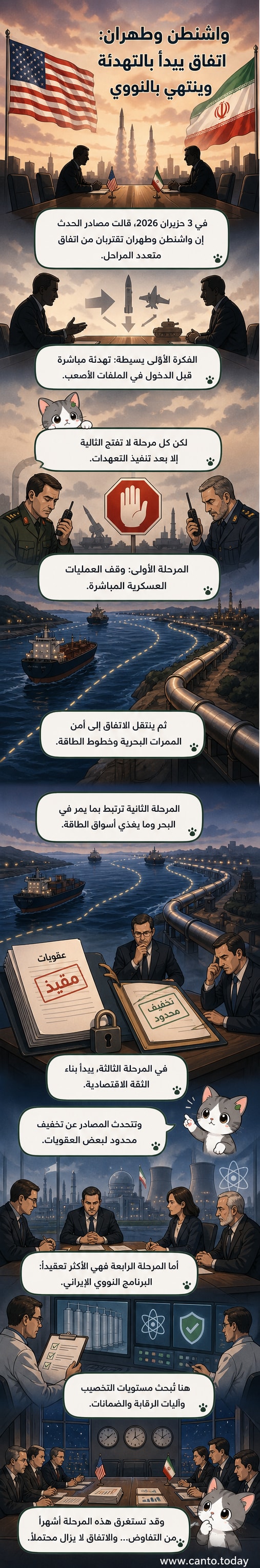 رسم توضيحي يظهر مسار اتفاق مرحلي بين واشنطن وطهران عبر أربع مراحل: تهدئة أمنية، ترتيبات بحرية، تخفيف عقوبات، ومحادثات نووية.