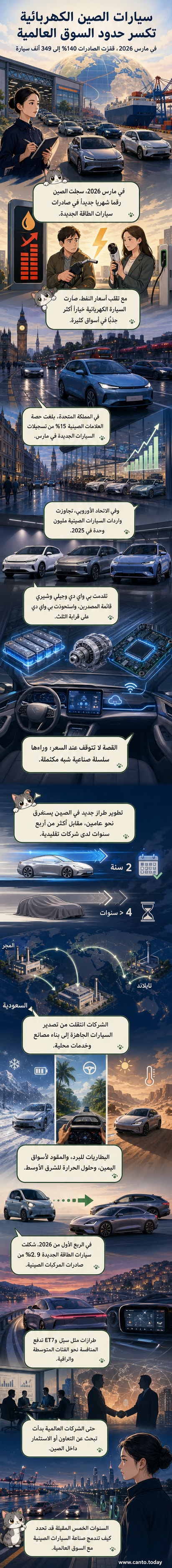 رسم توضيحي لسيارة كهربائية صينية تخرج من حاوية شحن في ميناء أوروبي، مع خريطة تُظهر مسارات التصدير من الصين إلى أوروبا وجنوب شرق آسيا.