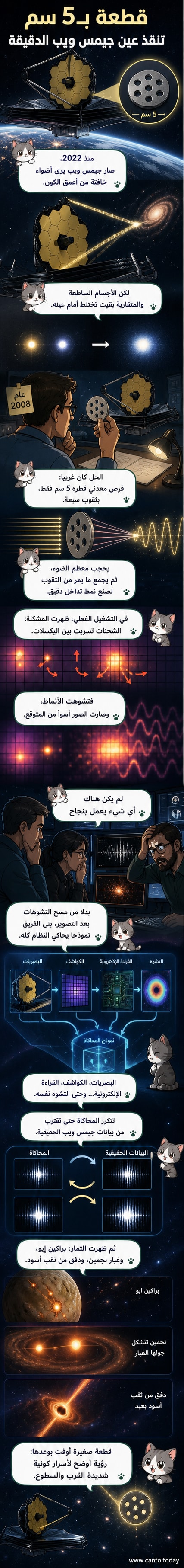 رسم توضيحي لقمر إيو التابع للمشتري مع براكين نشطة، وخلفية مجرية، وصورة مصغرة لقرص معدني بسبع فتحات يرمز إلى أداة التداخل في تلسكوب جيمس ويب