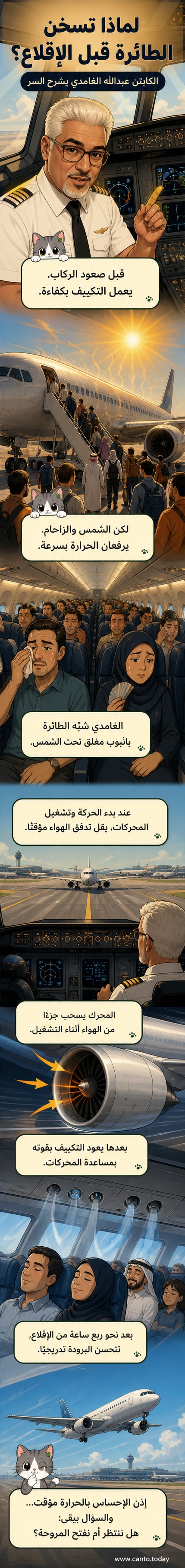 رسم توضيحي لطائرة على مدرج تحت أشعة الشمس، مع إضاءة داخلية تُظهر ازدحام الركاب وسهم يشير إلى تدفق هواء محدود من نظام التكييف قبل الإقلاع.