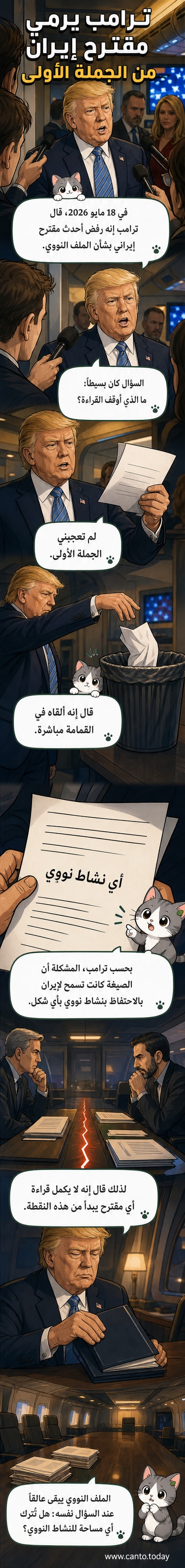 رسم كاريكاتيري لدونالد ترامب يلقي وثيقة مكتوب عليها 'اقتراح إيران النووي' في سلة قمامة، مع تعليق نصي من الجملة الأولى التي رفضها.