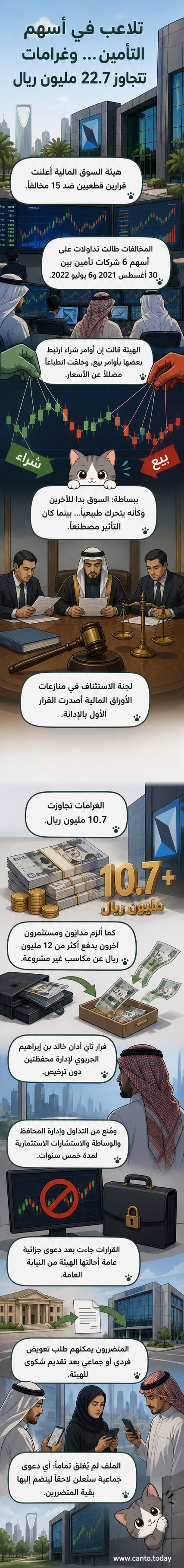 رسم توضيحي يظهر مجموعة من الأشخاص يديرون محافظ استثمارية بينما تظهر أسهم ترتفع وتنخفض بشكل احتيالي، مع خلفية تضم شعارات شركات تأمين وعملات سعودية.