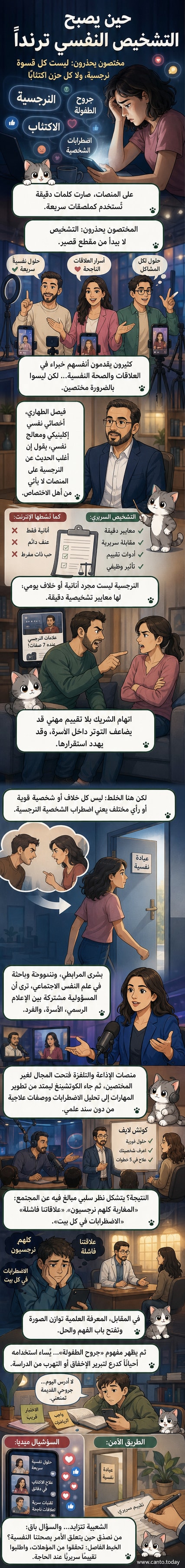 رسم توضيحي يظهر شخصاً يشاهد هاتفه ويرى تشخيصات نفسية على منصة رقمية، بينما خلفه طبيب نفسي يراقب بقلق، مع إشارات إلى مصطلحات مثل النرجسية والاكتئاب.