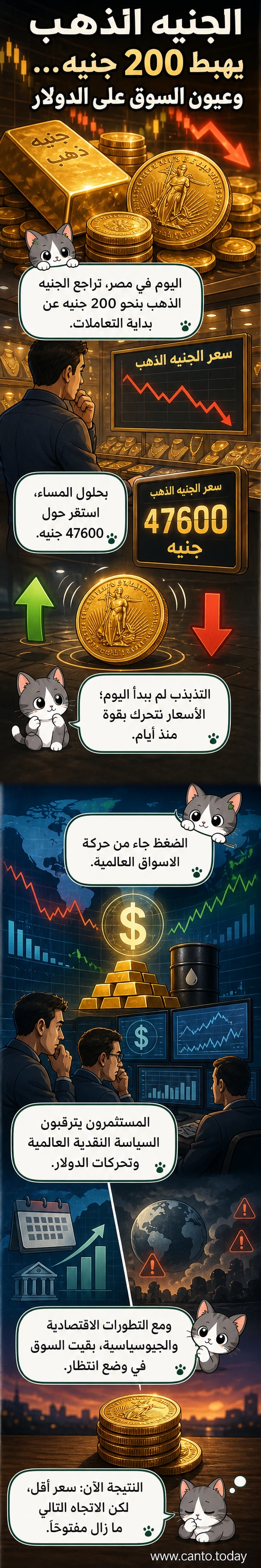 رسم توضيحي يوضح تراجع سعر الجنيه الذهب في مصر بنحو 200 جنيه خلال يوم واحد، مع خلفية تمثل السوق المالية والذهب