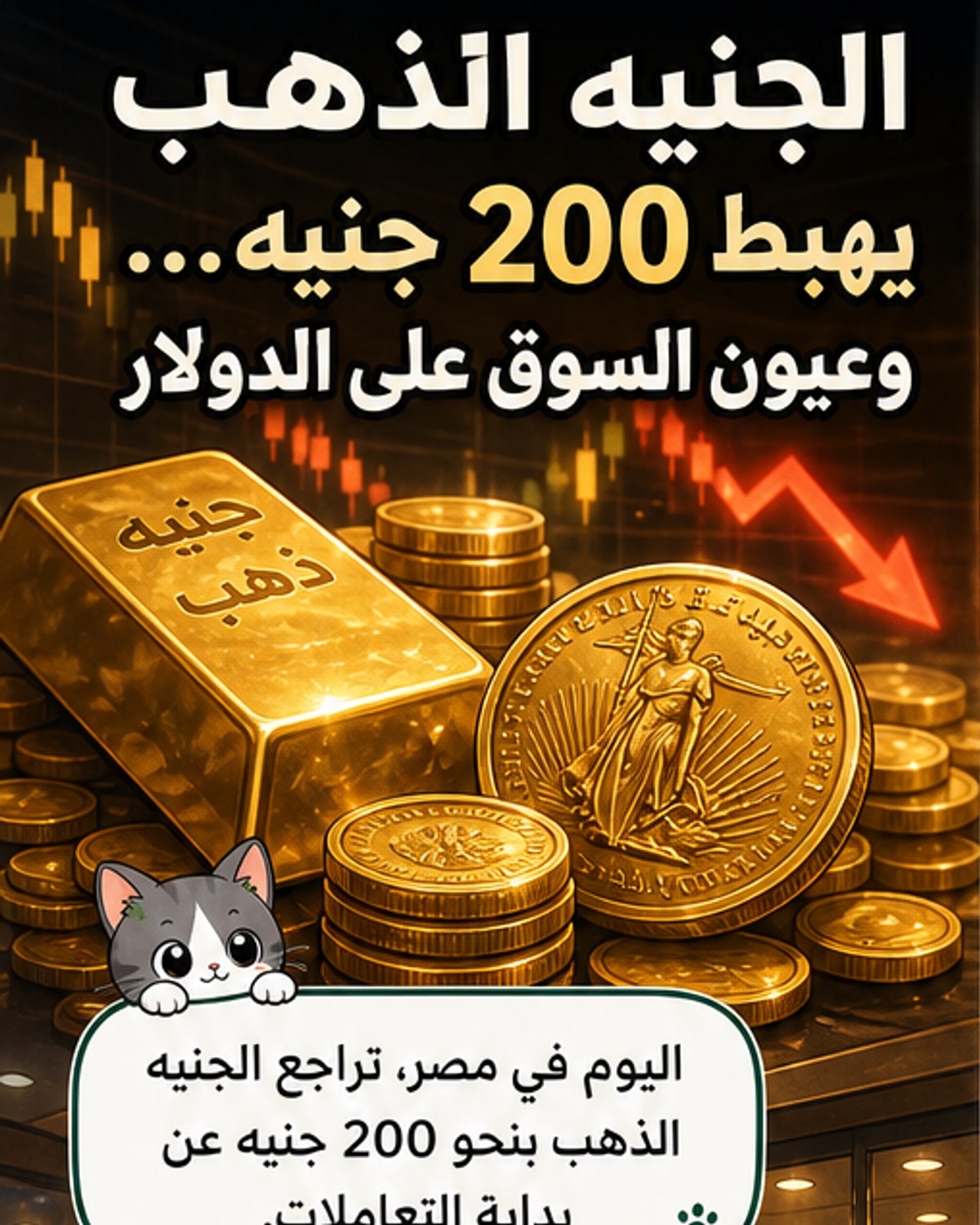 رسم توضيحي يوضح تراجع سعر الجنيه الذهب في مصر بنحو 200 جنيه خلال يوم واحد، مع خلفية تمثل السوق المالية والذهب
