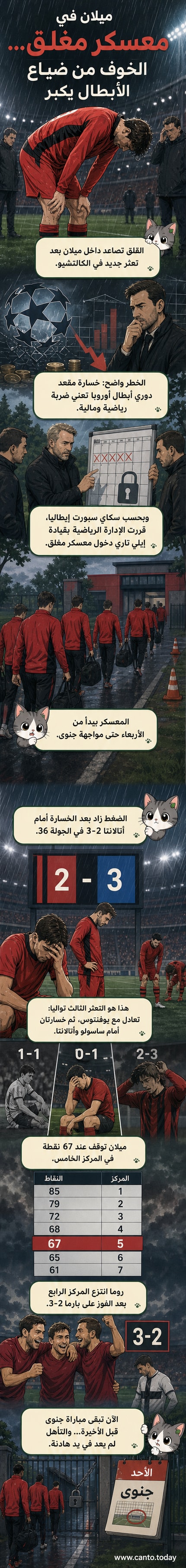 لاعبو ميلان يرتدون الزي الأحمر والأسود في تدريب مغلق، مع خلفية شعار النادي ولافتة 'معسكر مغلق'.