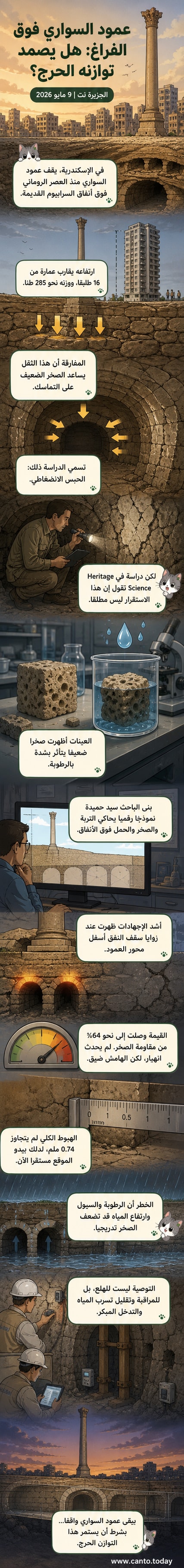 رسم توضيحي لعمود السواري في الإسكندرية، يُظهر وزنه الهائل فوق أنفاق قديمة، مع توزيع الضغوط داخل الصخور المحيطة.
