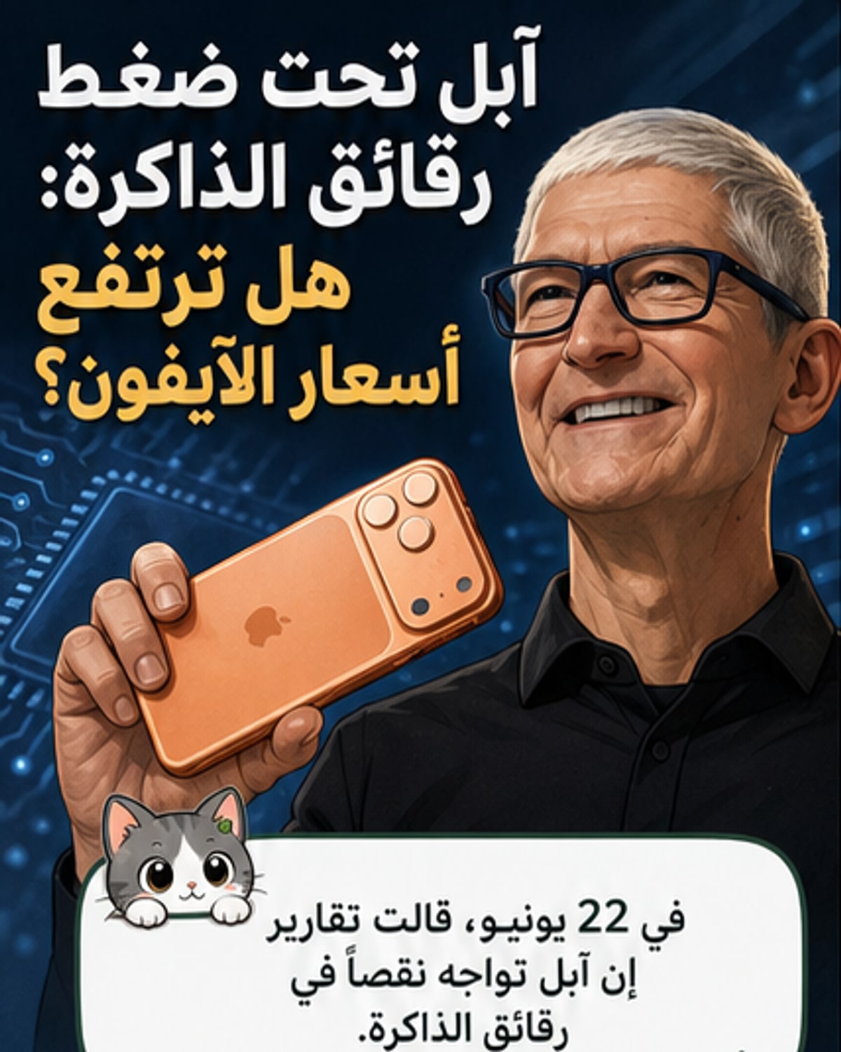 رسم توضيحي يظهر رقاقة ذاكرة داخل هاتف آيفون، مع سهم يشير إلى ارتفاع في السعر وصورة خلفية لخادم ذكاء اصطناعي.