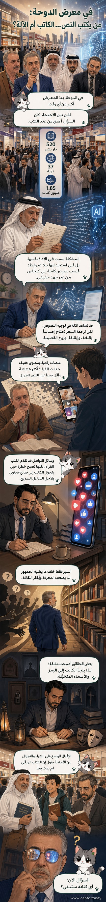 صورة من معرض الدوحة الدولي للكتاب تُظهر زواراً يتصفحون كتباً على الرفوف، مع خلفية تضم شعارات دور النشر المشاركة وعناوين كتب متنوعة، بينما يقف كاتب في زاوية يتحدث إلى صحفي.