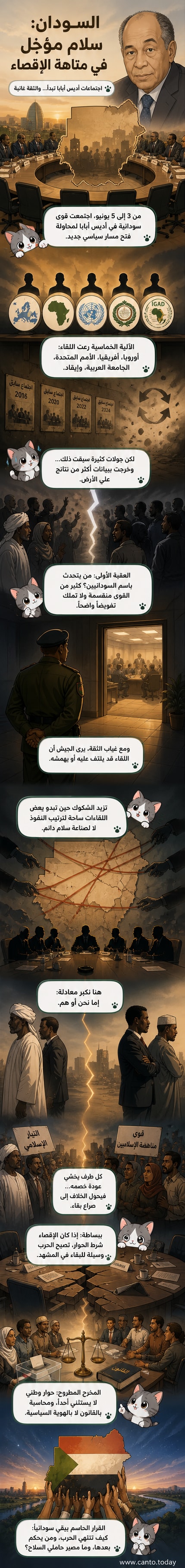 رسم توضيحي لشخصين يقفان على جانبي متاهة مع علم السودان في الخلفية، يرمز إلى تعقيد مسار السلام وانقسام الأطراف.