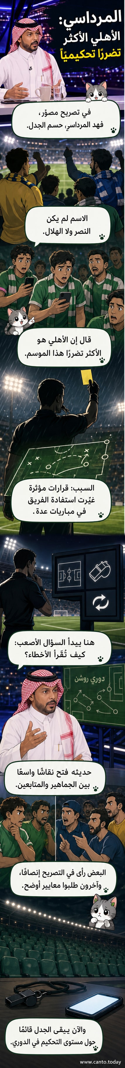 رسم توضيحي يظهر حكمًا في وسط الملعب بينما يشير جمهور الأهلي إلى شاشة تُعرض عليها لقطات تحكيمية خاطئة
