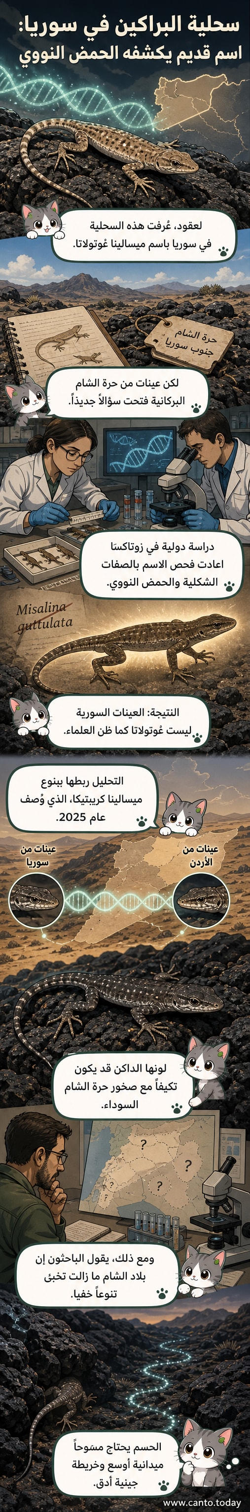 رسم توضيحي لسحلية صغيرة ذات لون داكن تعيش بين الصخور البركانية السوداء في صحراء جنوب سوريا، مع تفاصيل جينية مصغرة تظهر حولها.