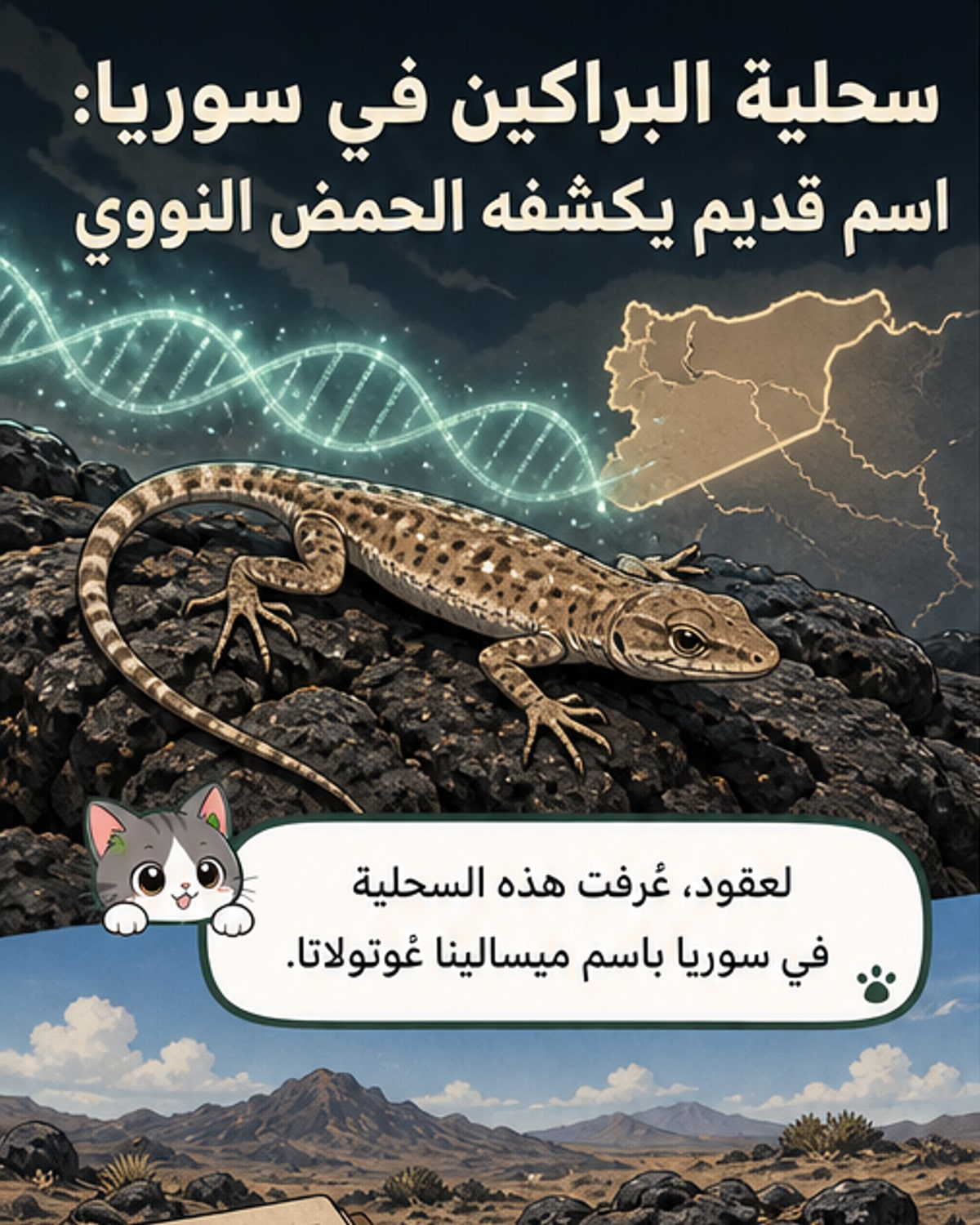 رسم توضيحي لسحلية صغيرة ذات لون داكن تعيش بين الصخور البركانية السوداء في صحراء جنوب سوريا، مع تفاصيل جينية مصغرة تظهر حولها.
