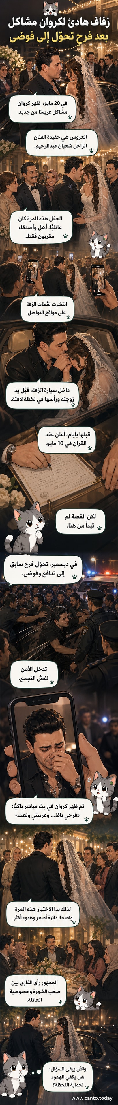 كروان مشاكل مع عروسته في حفل زفاف عائلي بسيط، وجو من الفرح والتقرب بين العائلتين.
