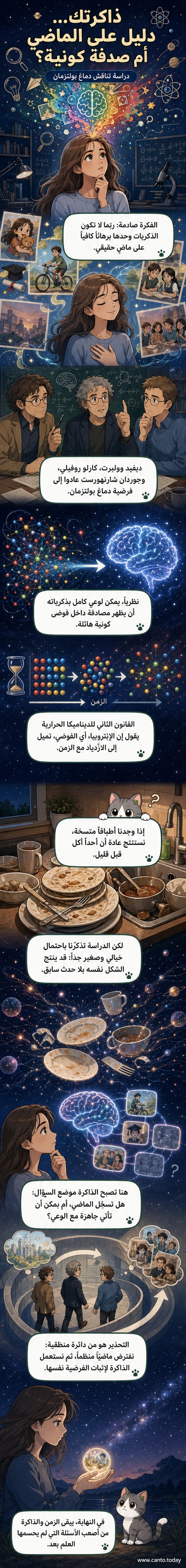 رسم توضيحي لدماغ بشري يطفو في الفضاء، تخرج منه ذكريات طفولة ومدرسة وأصدقاء، بينما تحيط به ذرات مبعثرة في نسيج كوني فوضوي.