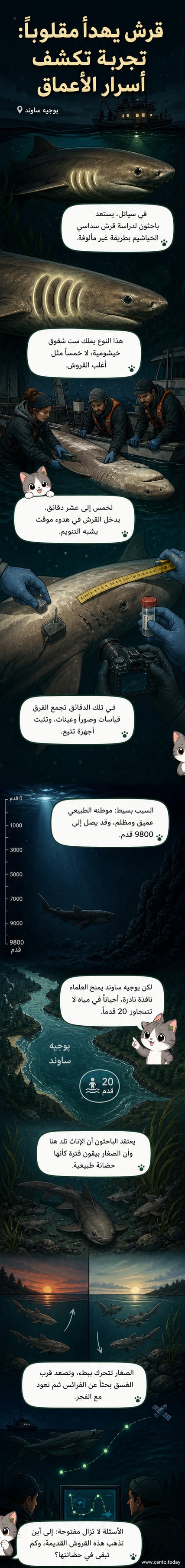 قرش سداسي الخياشيم أثناء تجربة تهدئته برفعه وقلبه رأساً على عقب على متن قارب، في بيئة بحثية بولاية واشنطن