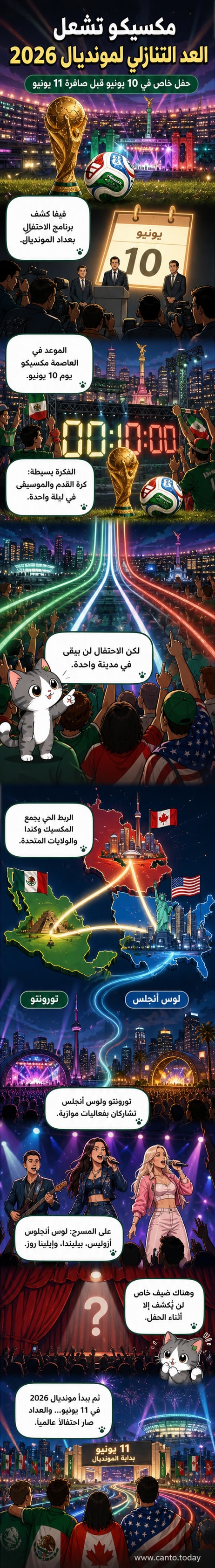ملصق دعائي لحفل العد التنازلي لمونديال 2026 في مكسيكو، مع صور للاعبين وفنانين وشعارات الدول المستضيفة الثلاث: المكسيك، كندا، والولايات المتحدة.