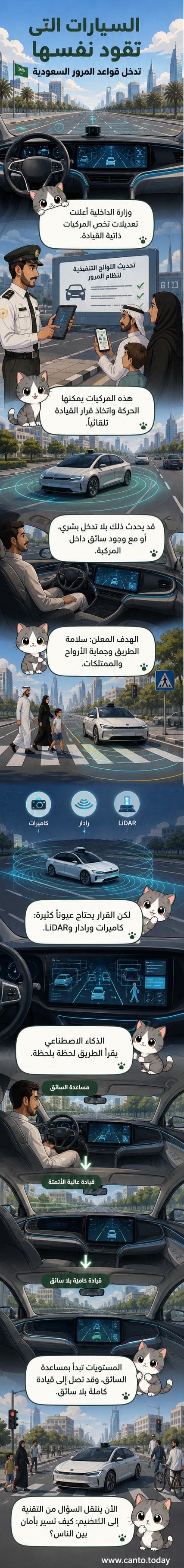 رسم توضيحي لسيارة ذاتية القيادة تسير على طريق سعودي مع عناصر رقمية تُظهر أجهزة الاستشعار والذكاء الاصطناعي.