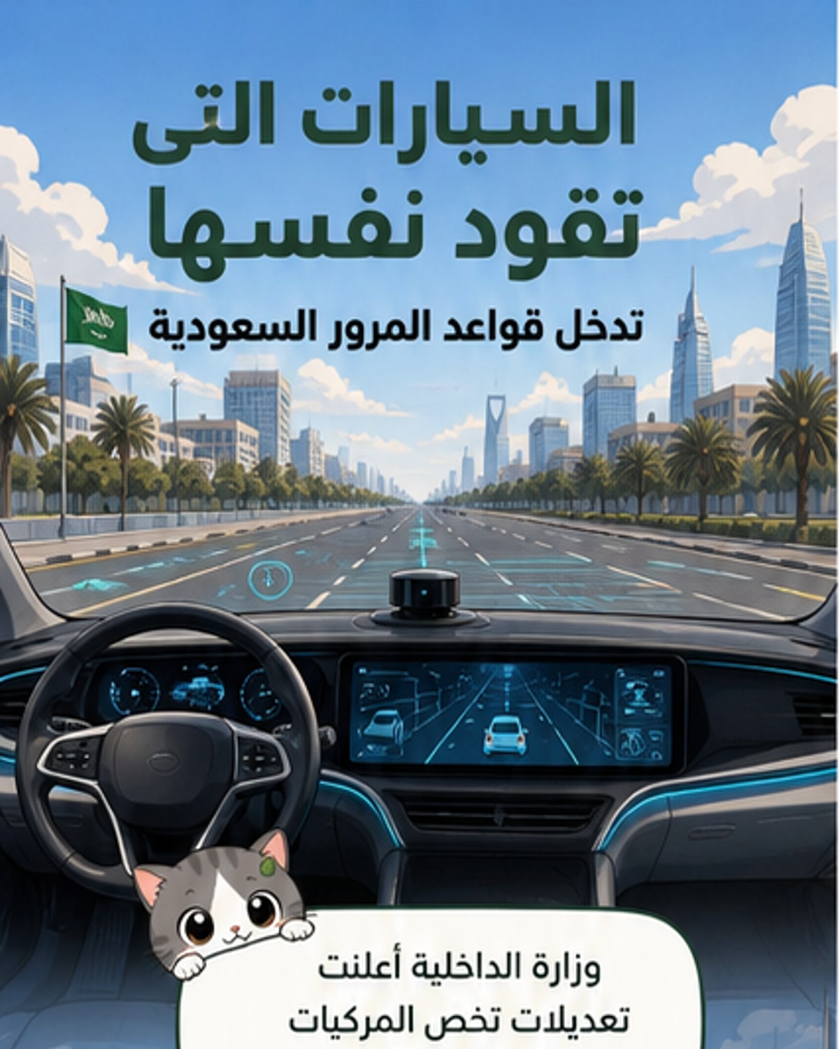 رسم توضيحي لسيارة ذاتية القيادة تسير على طريق سعودي مع عناصر رقمية تُظهر أجهزة الاستشعار والذكاء الاصطناعي.