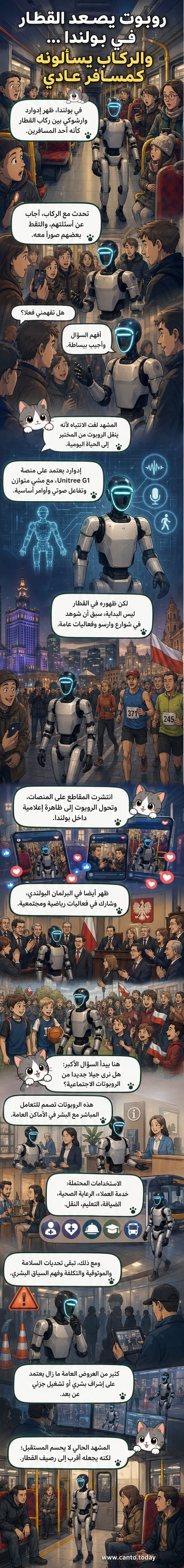 روبوت بشري يرتدي ملابس رسمية يقف داخل قطار بجانب ركاب، ويبتسم بينما يلتقط صورة مع أحد المسافرين.