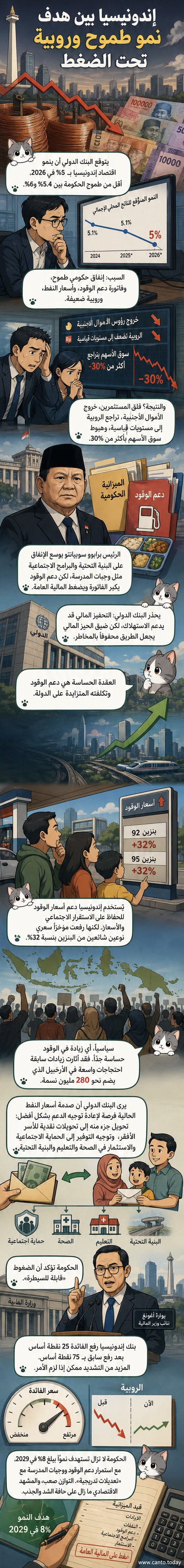 مبنى البنك المركزي الإندونيسي في جاكرتا، مع خلفية تُظهر منحنى تراجع الروبية أمام الدولار وارتفاع تكلفة دعم الوقود.