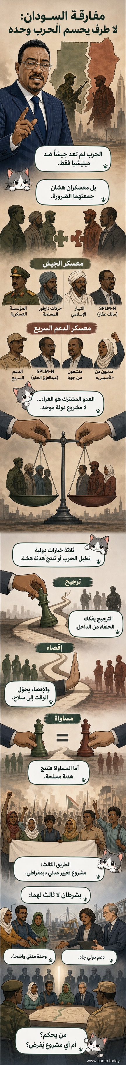 رسم توضيحي يظهر معسكرين متقابلين في السودان، كلٌّ منهما مكوّن من أجزاء متعددة تمثل الحلفاء المختلفين، مع خلفية من الخرطوم المحطمة.