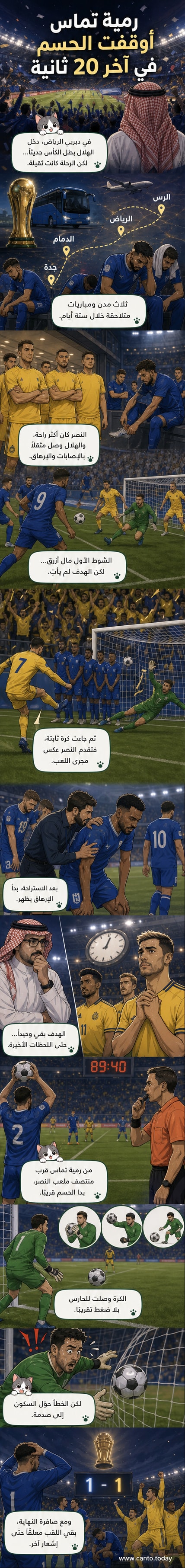 رسم توضيحي لرمية تماس من منتصف الملعب تنتهي بكرة تدخل المرمى، مع لاعبي النصر في حالة صدمة ونجوم الهلال يركضون نحو الحارس.