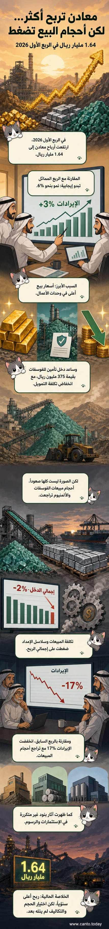 رسم توضيحي يظهر منشورًا ماليًا لشركة معادن، مع رسم بياني تصاعدي يمثل نمو الأرباح وعناصر داعمة مثل ارتفاع أسعار الذهب وانخفاض التكاليف.