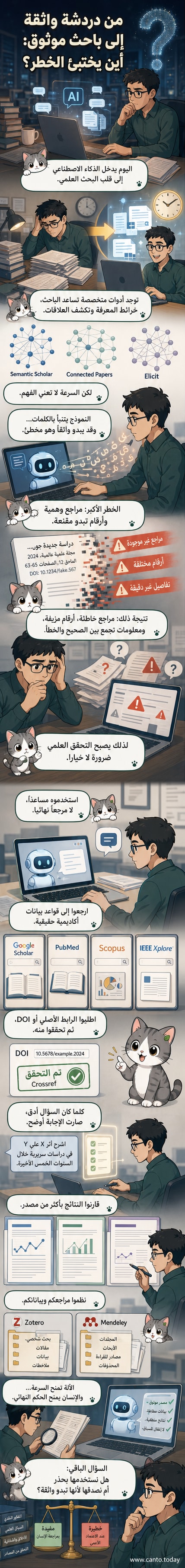 رسم توضيحي يظهر باحثاً أمام شاشة كمبيوتر تعرض نتائج ذكاء اصطناعي، مع إشارات إلى مراجع أكاديمية وعلامات استفهام حول بعضها، تعبيراً عن الحاجة إلى التحقق.