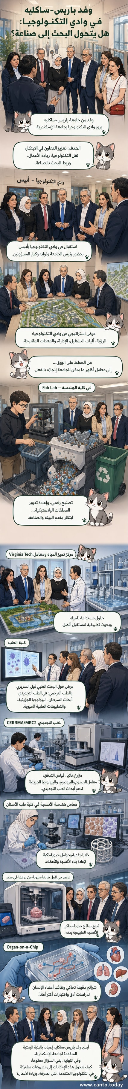 وفد فرنسي يقف في معمل بجامعة الإسكندرية، يراقب عرضًا لتقنية الطباعة الحيوية ثلاثية الأبعاد ضمن جولة في وادي التكنولوجيا.