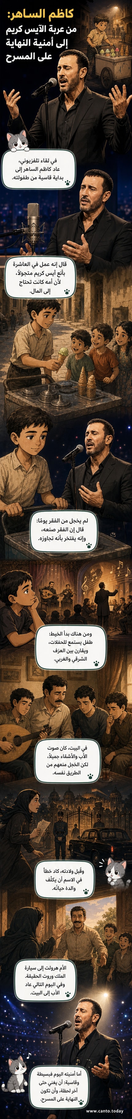 رسم متحرك لكاظم الساهر صغيرًا يحمل عربة آيس كريم، ثم يقف على مسرح كبير أمام جمهور هائل.