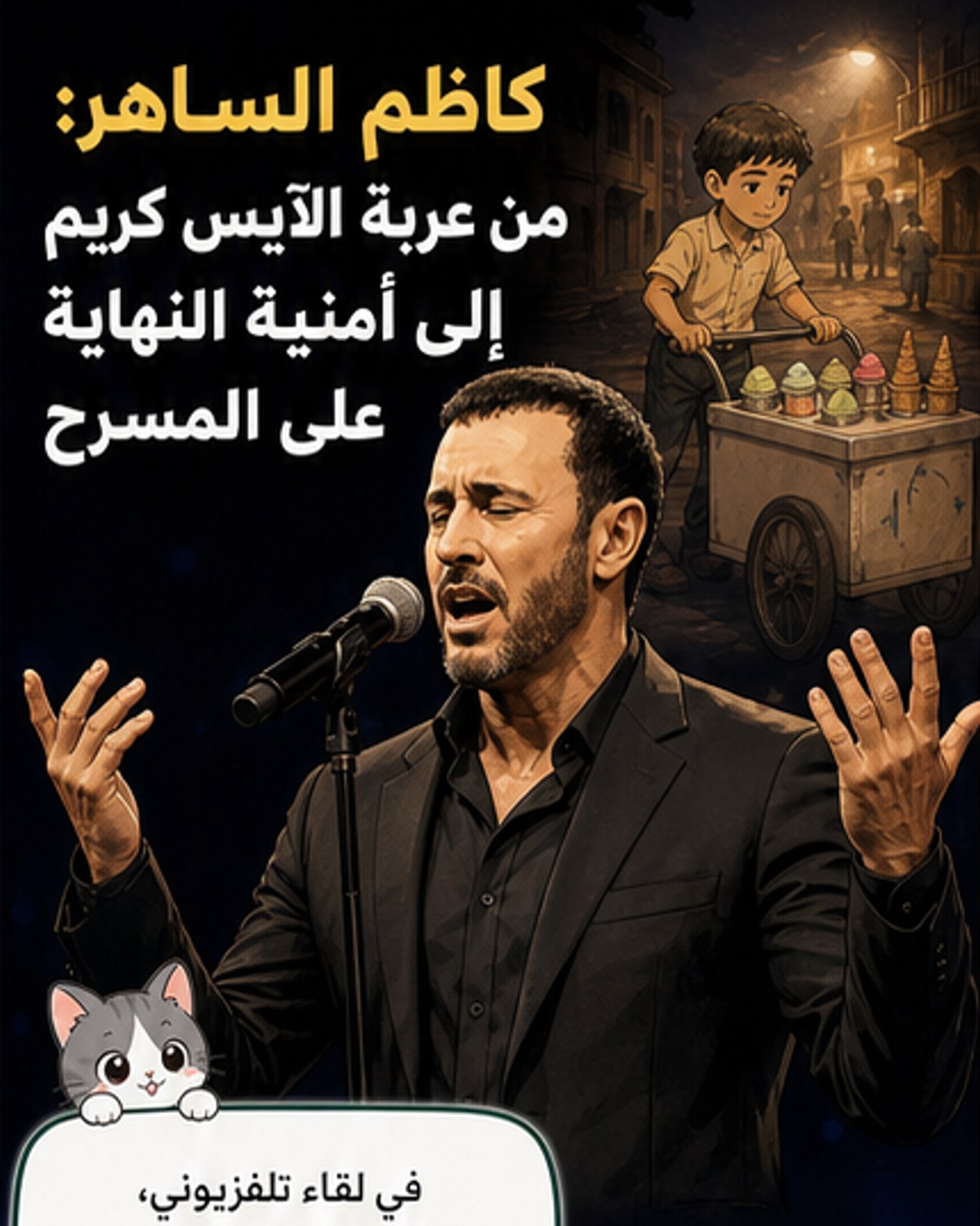 رسم متحرك لكاظم الساهر صغيرًا يحمل عربة آيس كريم، ثم يقف على مسرح كبير أمام جمهور هائل.