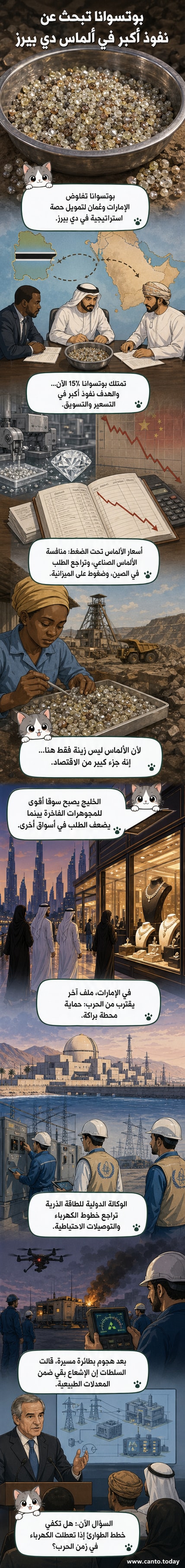 رسم توضيحي يظهر يداً من الإمارات ويداً من عُمان تمتدان نحو بوتسوانا، حيث تظهر ألماسة كبيرة بجانب شعار شركة دي بيرز.