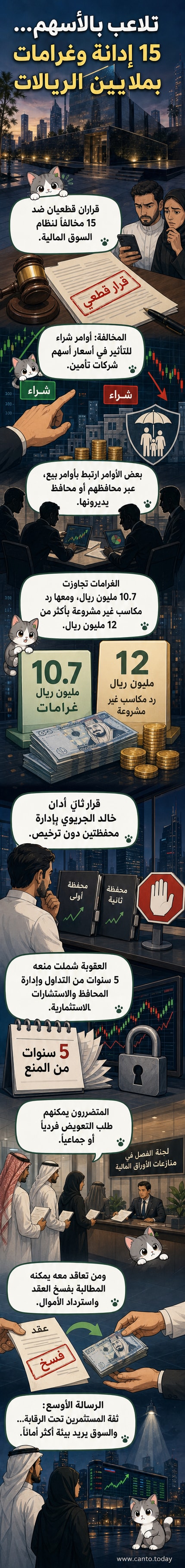 رسم توضيحي يظهر يدًا تمثل التلاعب تُغلق بعلامة X على شاشة تداول أسهم، مع خلفية تضم شعارات شركات تأمين مذكورة في القرار.