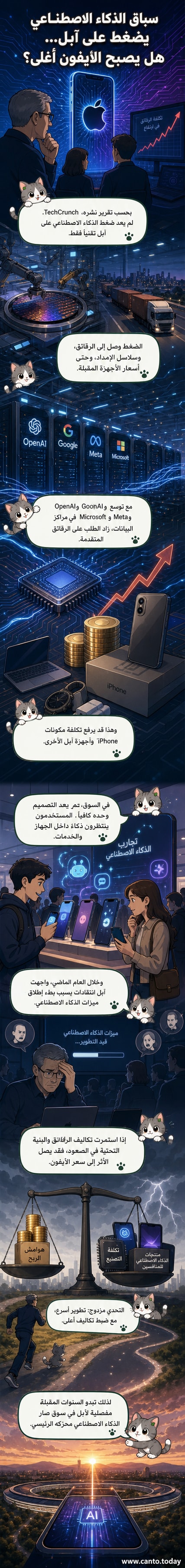 رسم توضيحي يظهر هاتف آيفون محاطًا برموز ذكاء اصطناعي ورقائق إلكترونية، مع سهم يشير إلى ارتفاع في التكلفة
