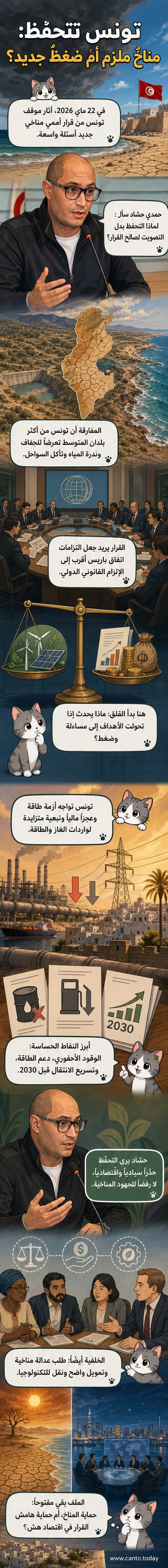 رسم توضيحي يظهر علم تونس بجانب رمز مناخي عالمي، مع خط متقطع يربط بينهما، يشير إلى موقف التحفظ.