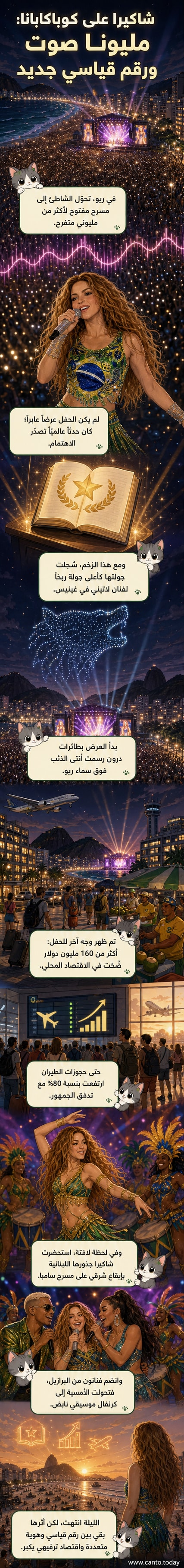 شاكيرا على خشبة المسرح في كوباكابانا، تحيط بها عروض طائرات الدرون وخلفيتها لوحة تجمع بين الرقص الشرقي والسامبا، مع جمهور ضخم على الشاطئ