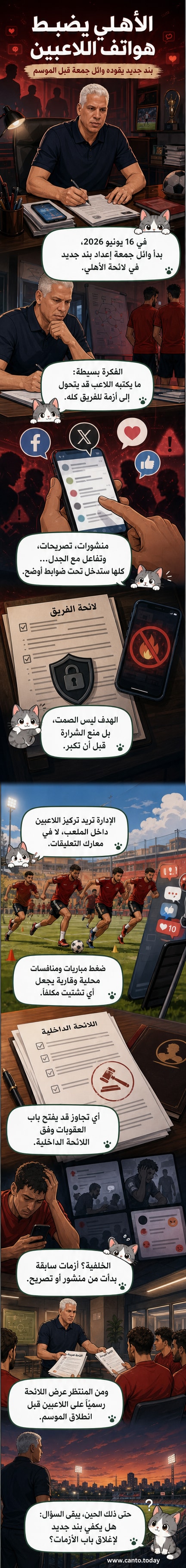 رسم توضيحي للاعب كرة قدم يحمل هاتفًا، بينما يظهر مدير فريق يضع يده على كتفه، في إشارة إلى الرقابة على منشورات السوشيال ميديا ضمن بيئة نادي الأهلي.