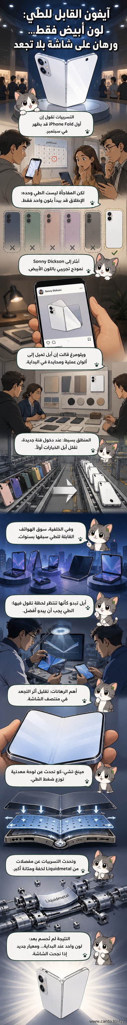 رسم توضيحي لهاتف آيفون قابل للطي بلون أبيض، مع تصميم داخلي يظهر لوحة معدنية داخل الشاشة ومفصلات من مادة Liquidmetal.
