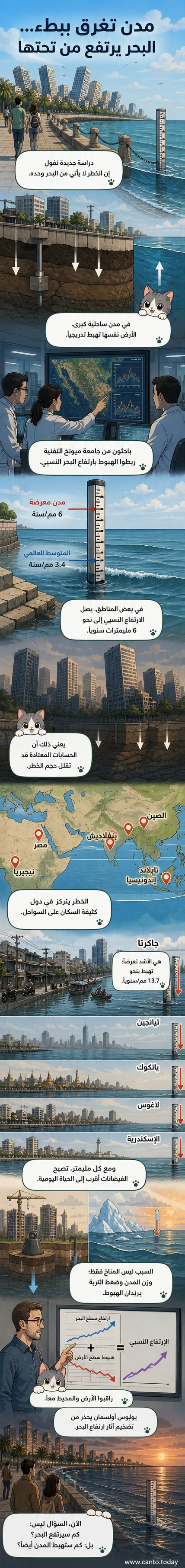 رسم توضيحي لمدينة ساحلية تهبط تدريجيًا نحو مستوى البحر، مع مؤشرات على هبوط الأرض وارتفاع المياه من حولها.