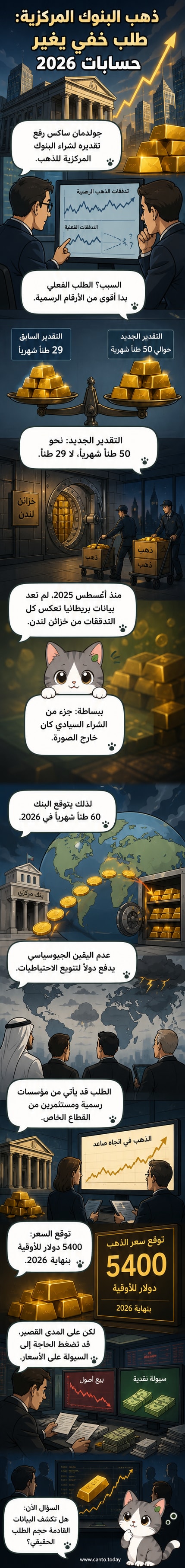 رسم توضيحي يظهر بنكًا مركزيًا يشتري كتلة ذهبية كبيرة، مع خلفية تضم رموزًا مالية وخرائط جيوسياسية، وسهم يشير إلى اتجاه صاعد في المشتريات الشهرية.